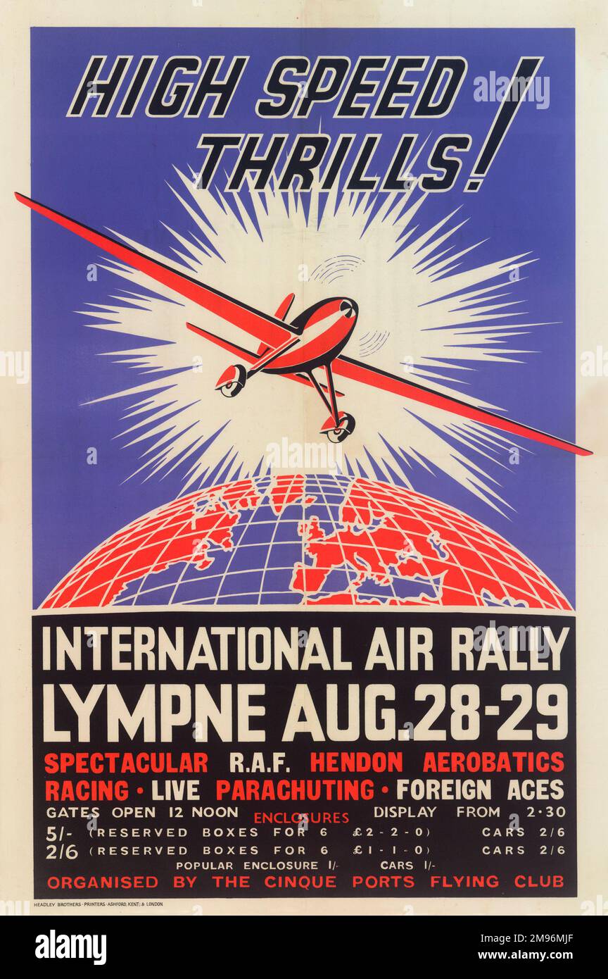 Poster, sensations fortes ! International Air Rally, Lympne, 28-29 août 1937. Acrobaties de la RAF Hendon, courses, parachutisme en direct, Aces étrangères. Organisé par le Cinque ports Flying Club. Banque D'Images