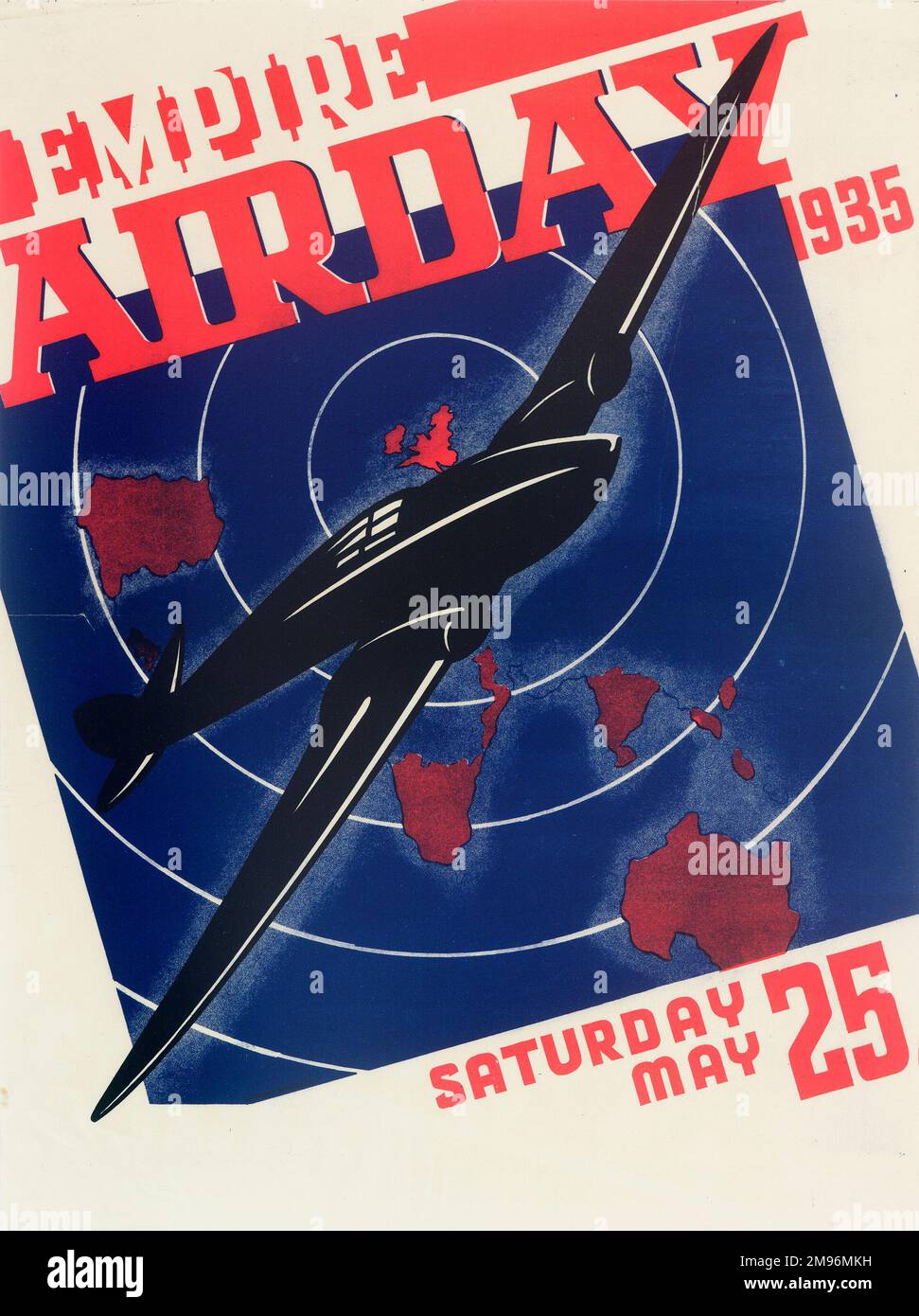Affiche, Empire Air Day 1935, montrant un avion volant au-dessus d'une carte simplifiée de l'Empire britannique. Banque D'Images