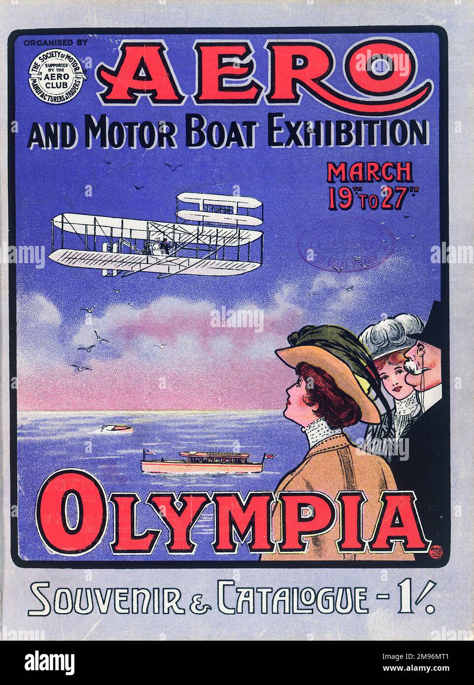 Design de couverture, catalogue de l'exposition Aero et Motor Boat, du 19 au 27 mars 1909, à Olympia, ouest de Londres. Montrant trois hommes édouardiens à la recherche de l'un des derniers modèles d'avion. Banque D'Images