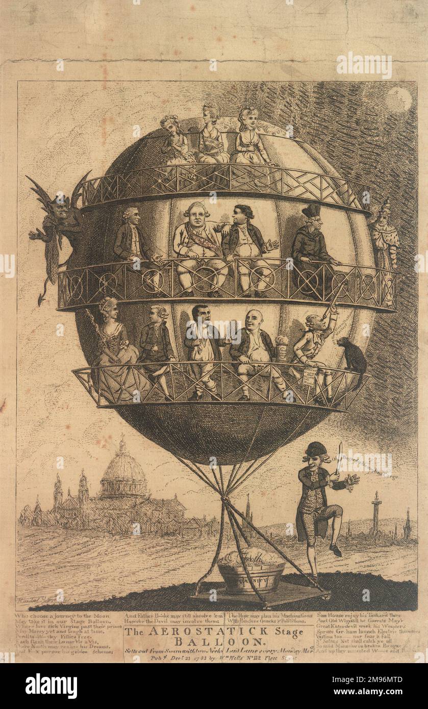 Caricature satirique: 'Le ballon de scène Aerostatic sort de Swan avec deux cols …' Plusieurs passagers peuvent être vus, assis sur trois niveaux. Ils comprennent la royauté, un pape, un cardinal et un diable. Banque D'Images