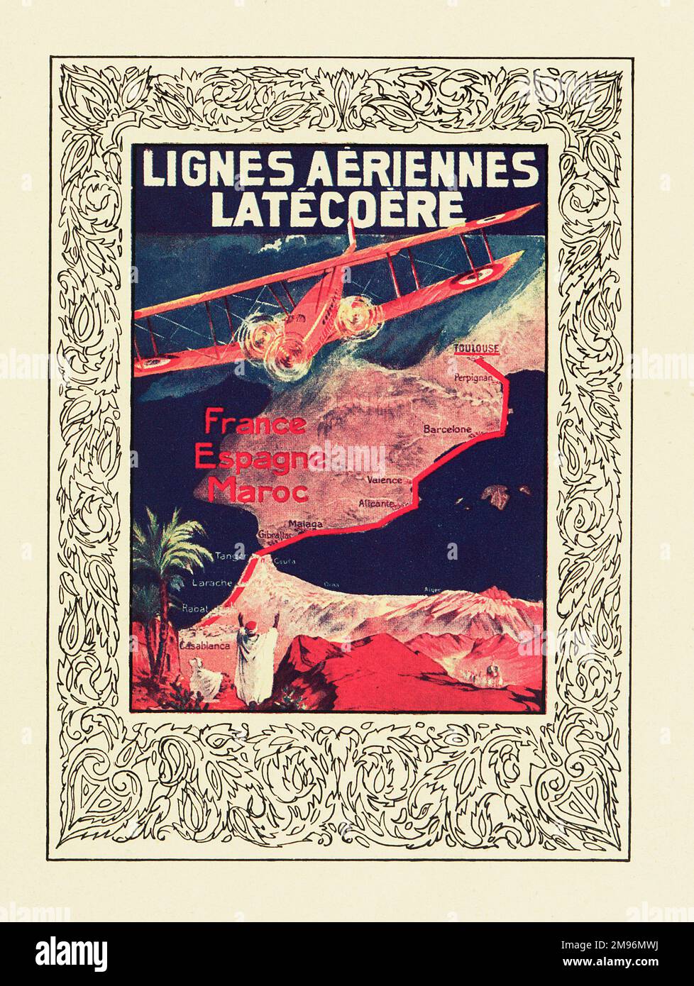 Design de couverture, horaires de Latecoere Airlines, desservant la France, l'Espagne et le Maroc. Fondée en 1917, la société Lateoere est basée à Toulouse. Affichage d'une carte avec des itinéraires. Banque D'Images