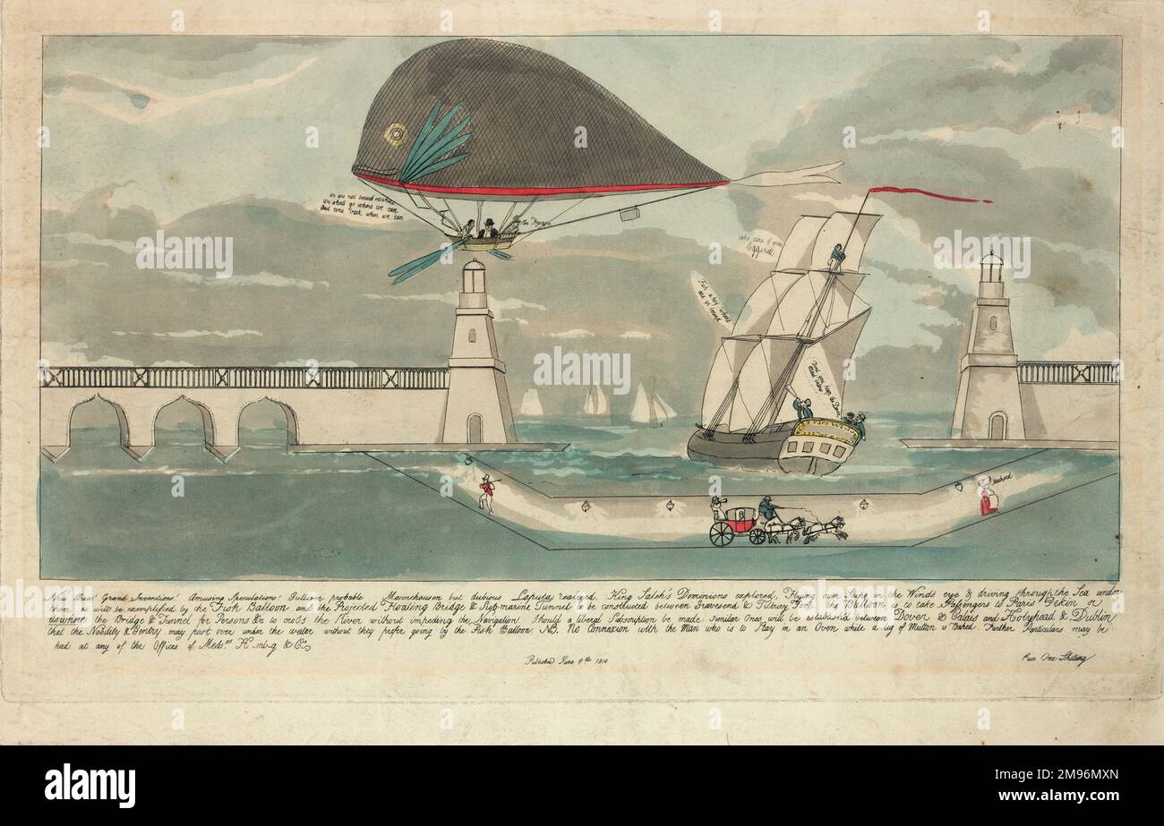 Scène fantaisiste représentant une montgolfière en forme de poisson, un voilier et un tunnel sous le port avec un autocar et des chevaux traversant. Banque D'Images
