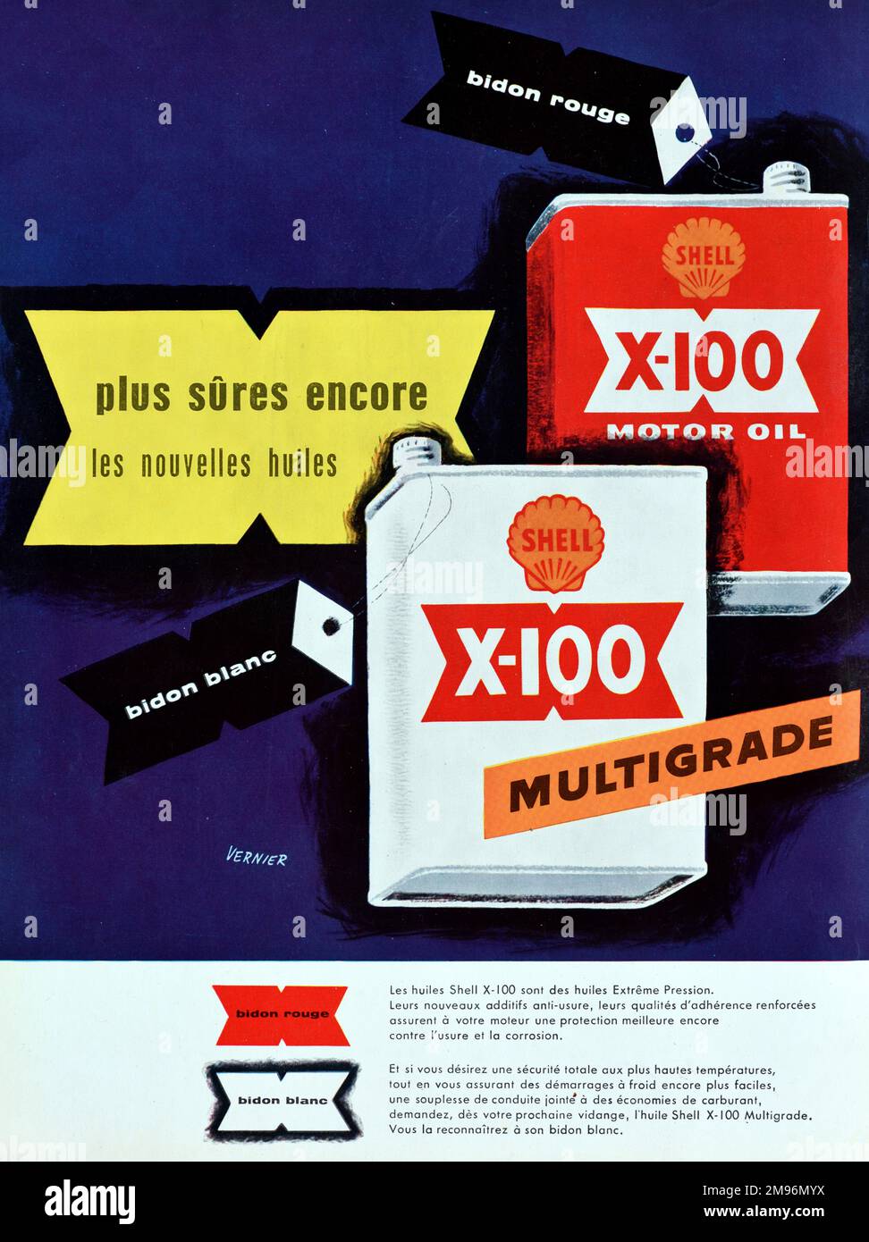 Publicité ancienne ou ancienne, publicité, publicité ou illustration pour l'huile moteur Shell ou l'huile moteur. Publicité 1957 Banque D'Images