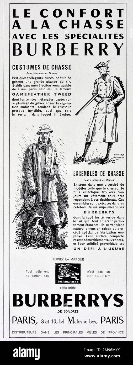Publicité pour Burberry Coat illustrée avec 1950s chasseurs masculins et féminins. 1957 Publicité ancienne ou ancienne, Publicité, Publicité ou Illustration Banque D'Images