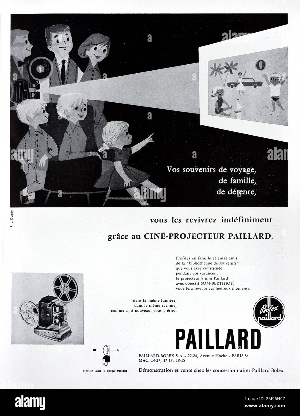 Publicité, publicité, publicité ou illustration vintage ou ancienne pour le projecteur de film Paillard 1957. Illustré avec l'image de 1950s divertissement familial, divertissement à domicile ou spectacle de film amateur de photos ou de films de vacances. Banque D'Images