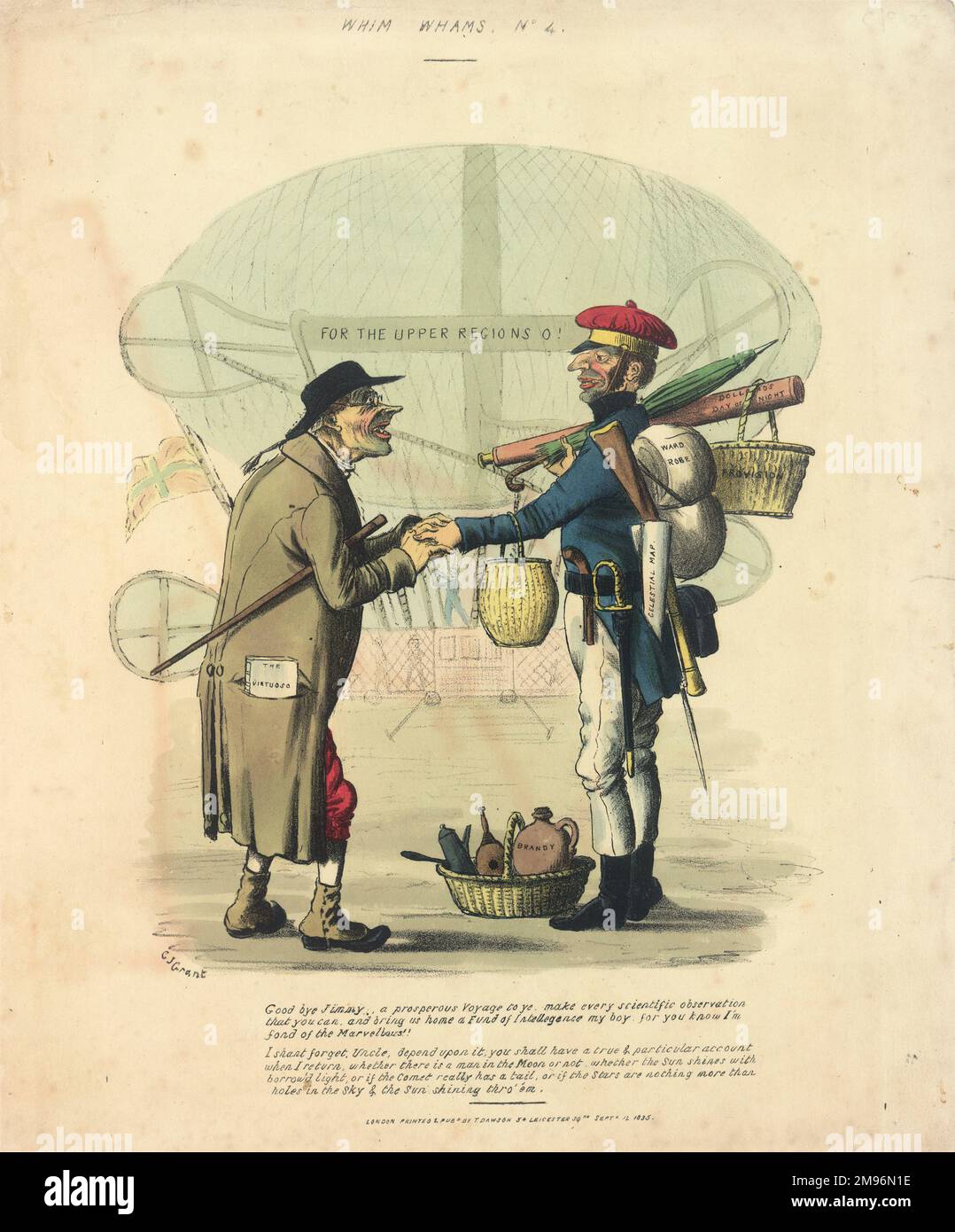 'Whim Whams No 4' Un dessin animé montrant un oncle disant Au revoir à son neveu explorateur, qui a toutes les exigences de l'exploration, y compris une carte céleste, un parapluie et un brandy. La bulle en arrière-plan est étiquetée 'pour les régions supérieures de...' Banque D'Images