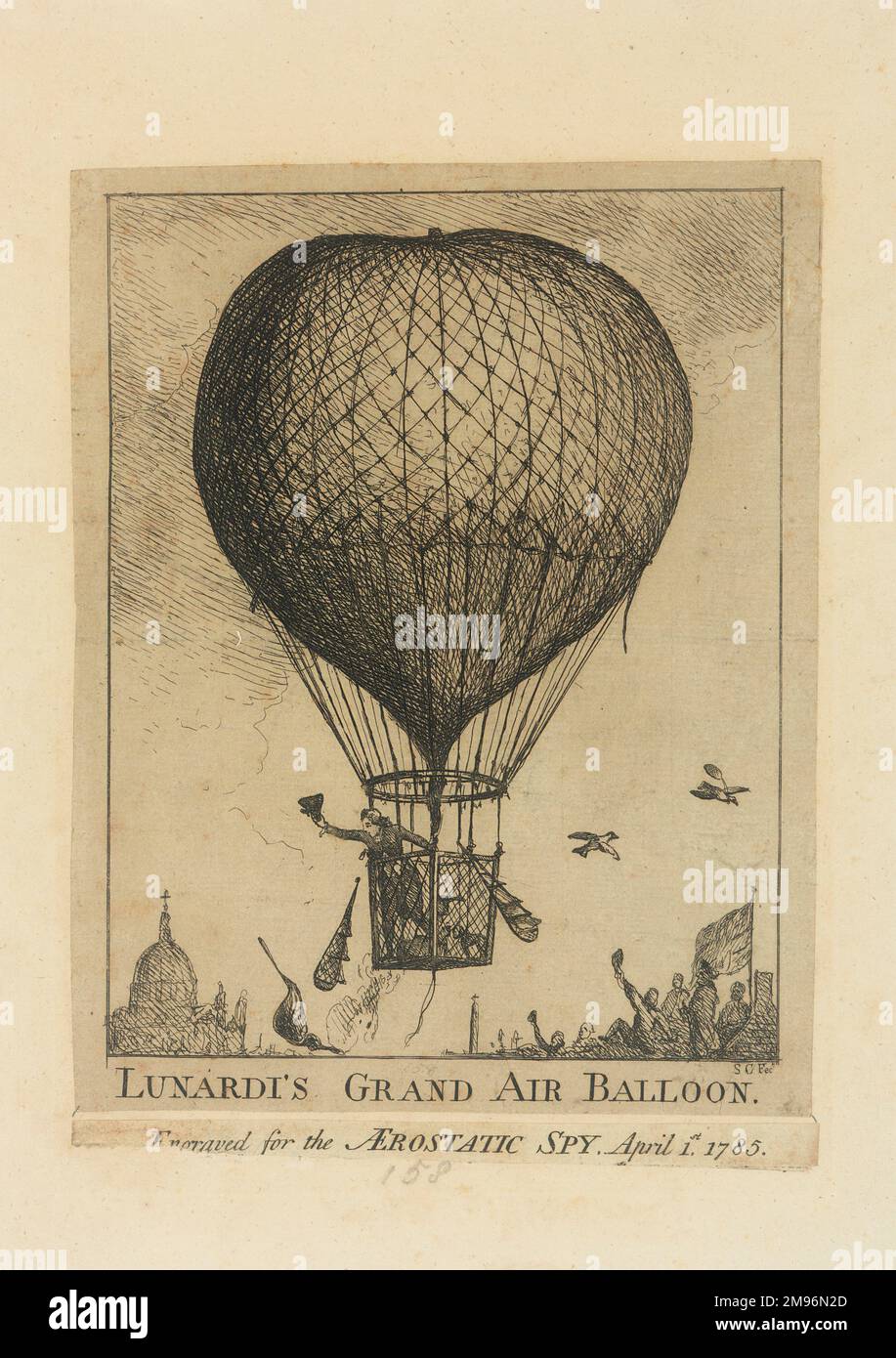 Ballon d'air grand de Lunardi, gravé pour l'Aerostatic Spy le 1 avril 1785. Il dépeint probablement son vol du terrain de l'Artillerie à Ware dans le Hertfordshire le 15 septembre 1784. Banque D'Images