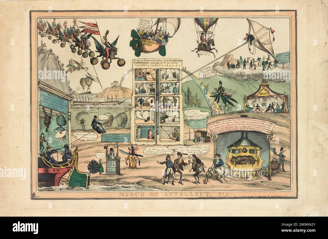 Caricature satirique, mars de l'intellect n° 2, montrant diverses formes de transport, y compris des ballons et d'autres machines volantes. Banque D'Images