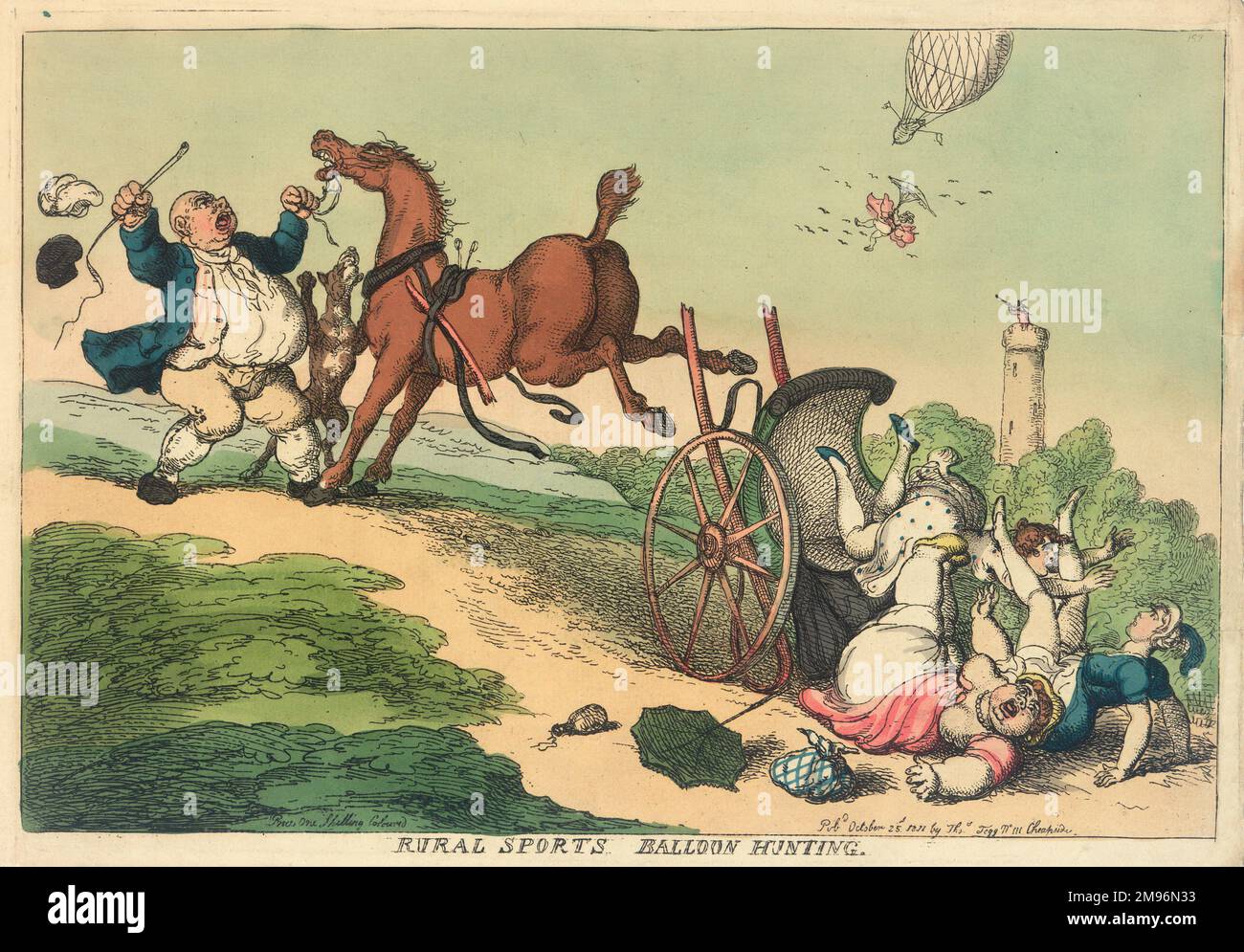 Caricature satirique Rural Sports, Balloon Hunting, montrant un groupe de personnes dont la calèche a été renversée sur une route de campagne. D'une grande tour un homme vise son fusil à un ballon, d'où une femme parachute. Toutes les femmes de la caricature sont dans des postures immodestes avec leurs jupes en haut. Banque D'Images