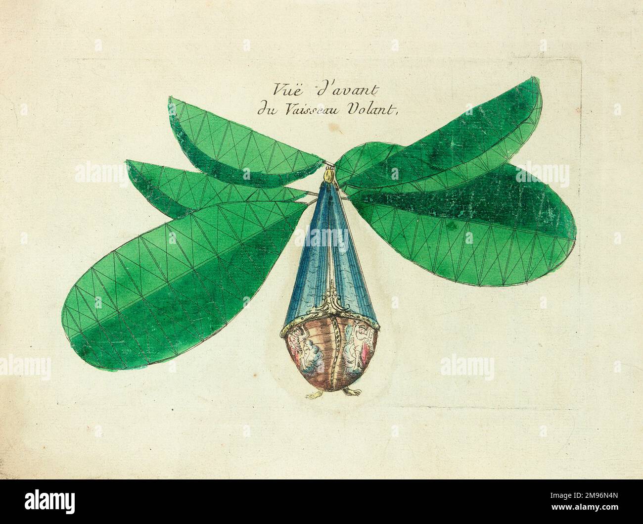 Vue avant imaginaire d'un Visseau volant (machine volante), ressemblant à un œuf de Faberge avec des ailes vertes. Banque D'Images