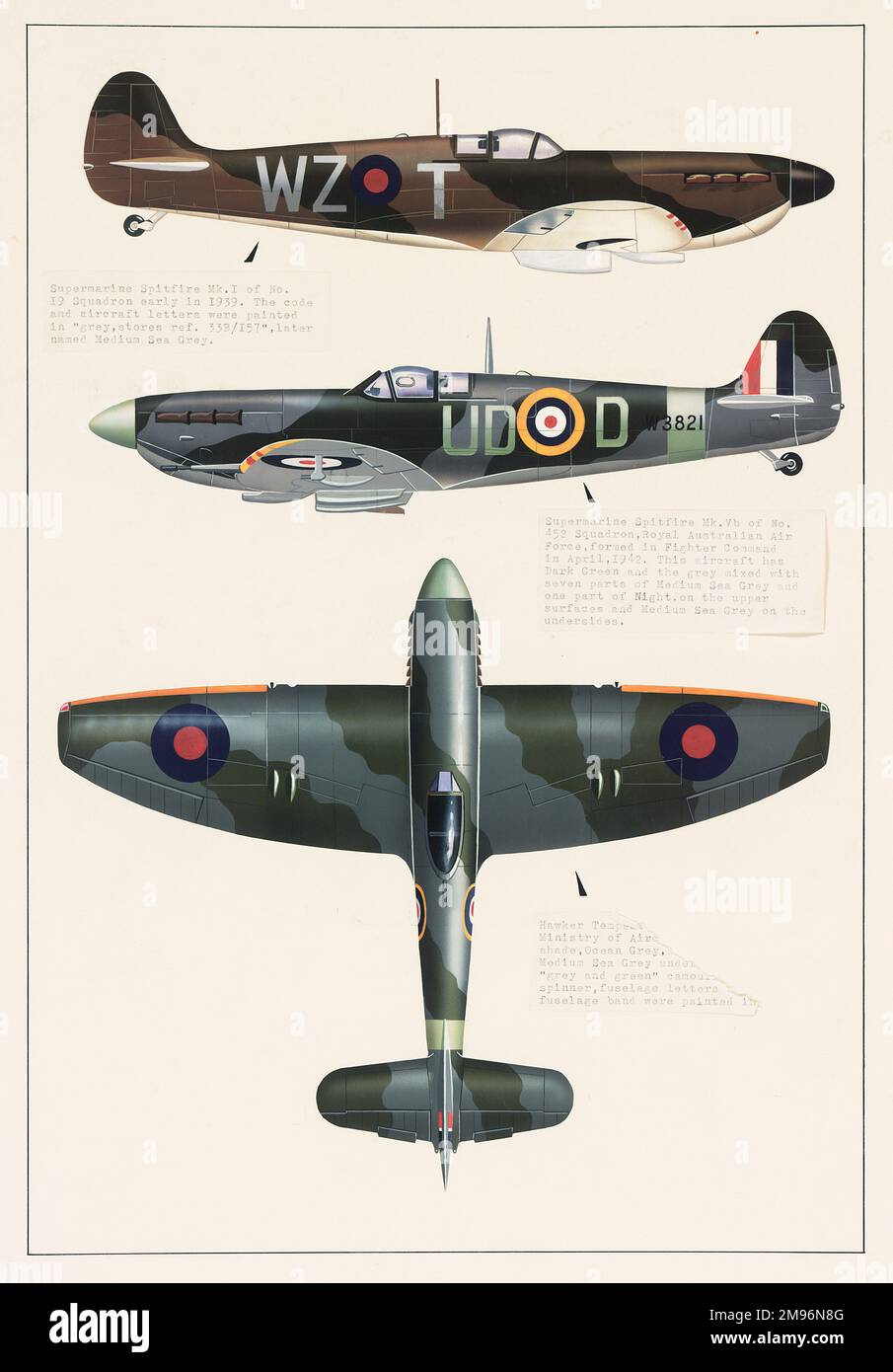 Spitfire Mk. Supermarine 1, Supermarine Spitfire Mk.Vb, et Hawker Tempest avions, tous dans la peinture de camouflage. Banque D'Images