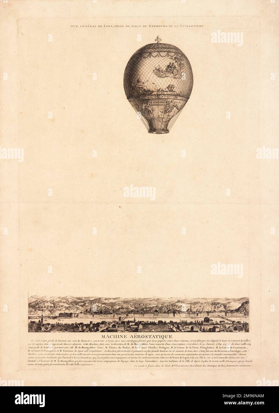 Vue générale de Lyon, France, prise du haut du Faubourg de la Guillotière, montrant le ballon Montgolfier le Flesselle en vol au-dessus de la ville. Banque D'Images