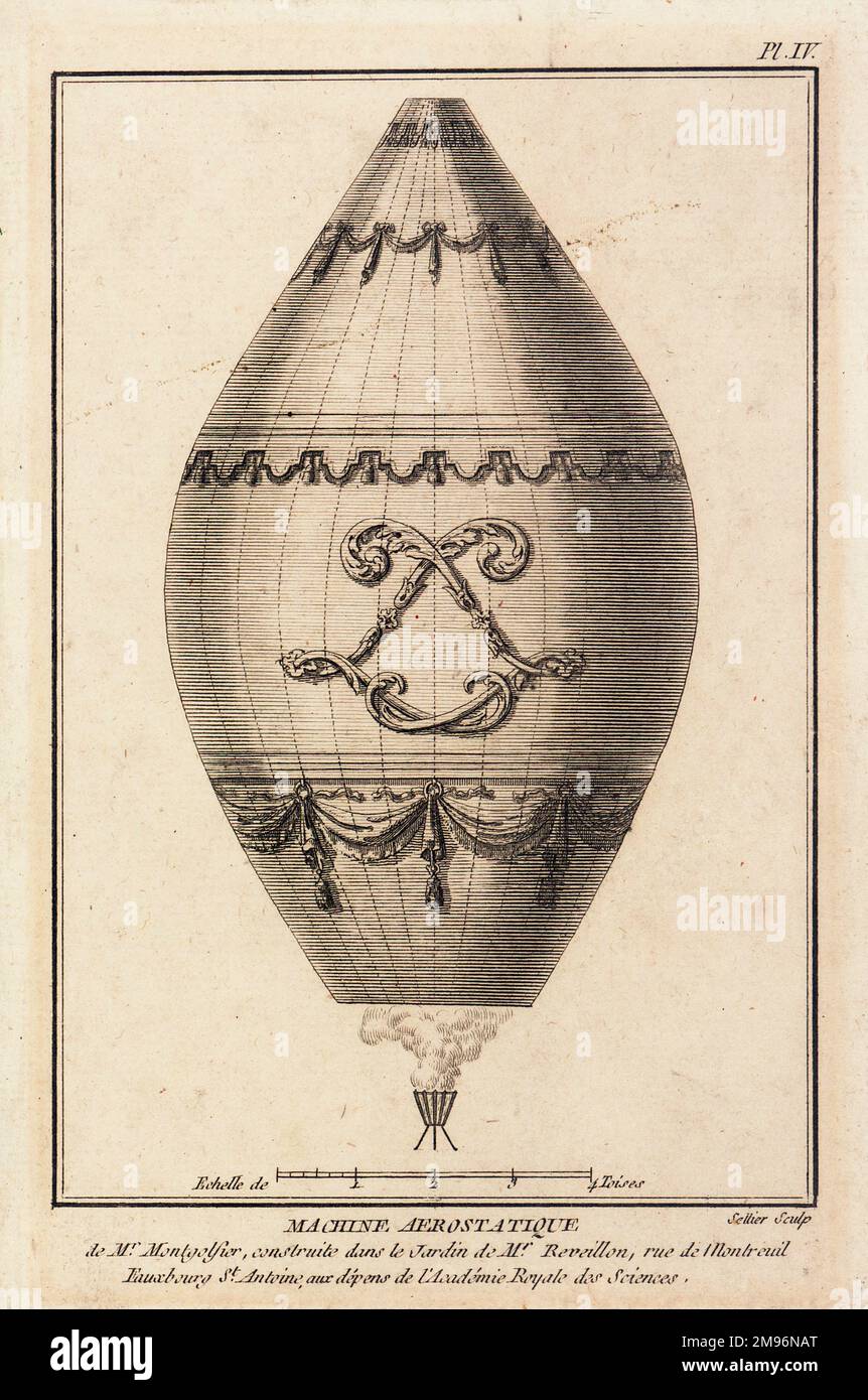 Ballon Montgolfier, construit dans le jardin de Jean-Baptiste Reveillon, rue de Montreuil, Faubourg St Antoine, Paris, financé par l'Académie Royale des Sciences. Représenté ici rempli de gaz. Banque D'Images