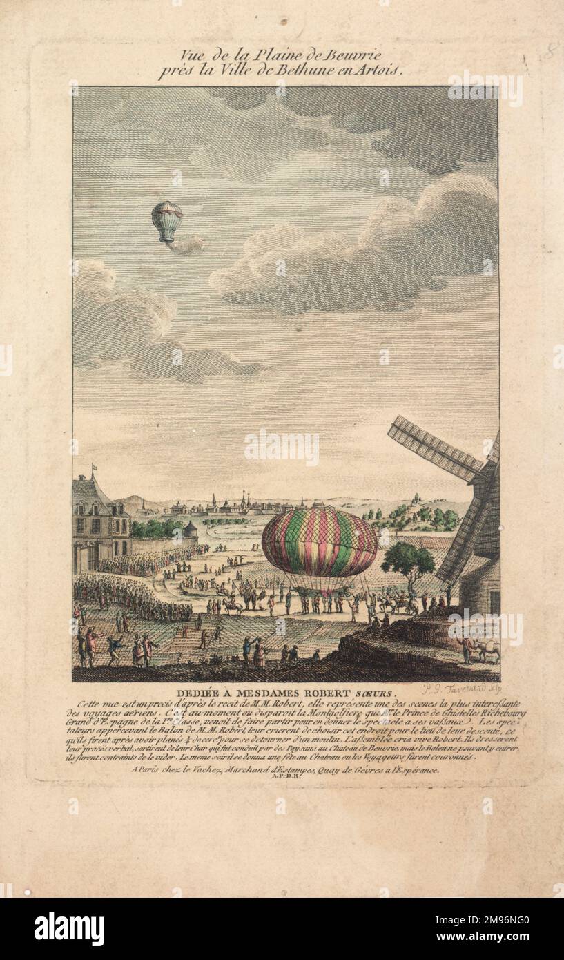 Vue sur la Plaine de Beuvri (ou Beuvry) près de la ville de Bethune à Artois, au nord de Paris. Descente en montgolfière par les frères Robert et Colin Hullin près d'un moulin à vent, d'où ils ont été conduits au Château de Beuvry, où une célébration a eu lieu le même soir. Ils avaient grimpé des Tuileries Gardens, à Paris, plus tôt dans la journée. Banque D'Images