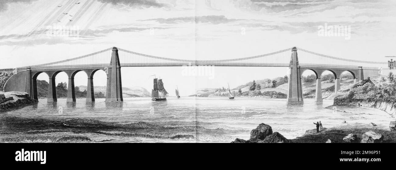 Une illustration montrant l'intégralité du magnifique pont suspendu de Menai qui relie l'île d'Anglesey au pays de Galles. Banque D'Images