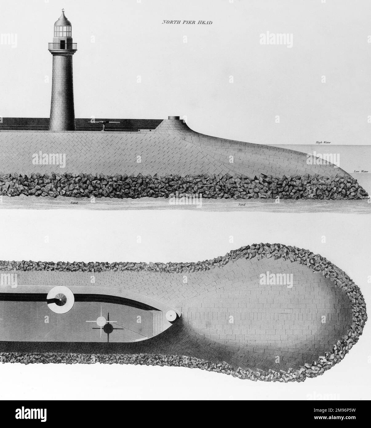 Plan et élévation du phare de North Pier Head d'Aberdeen Harbour. Banque D'Images