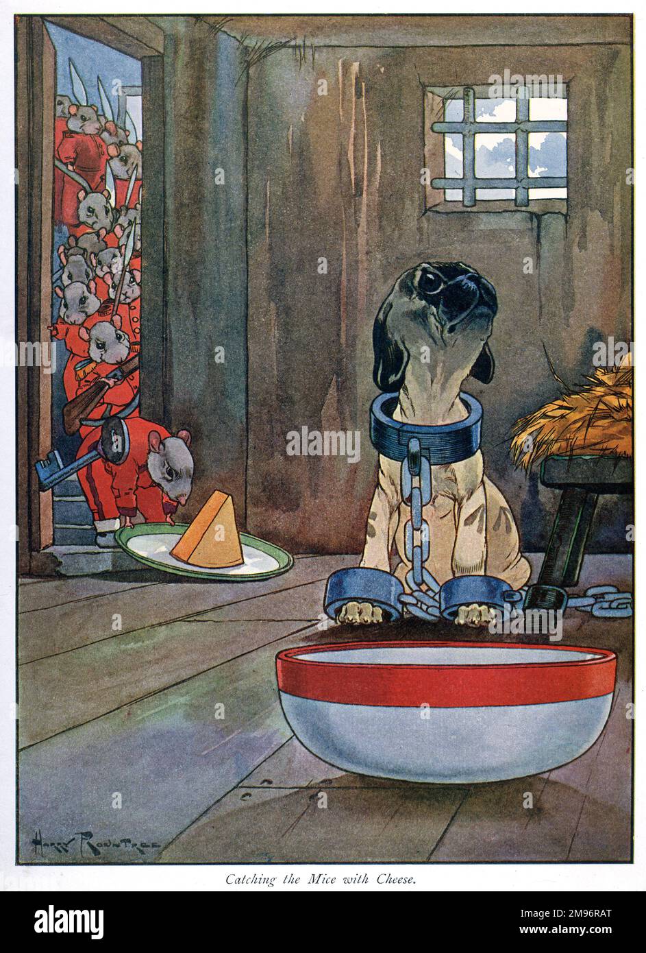 PUG Peter -- attraper les souris avec du fromage. Un chien enchaîné dans une cellule de prison, avec une foule de souris à la porte ouverte convergeant sur un morceau de fromage. Banque D'Images