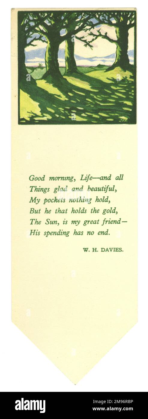 Marque-page avec la conception des arbres et un poème de W H Davies. Banque D'Images