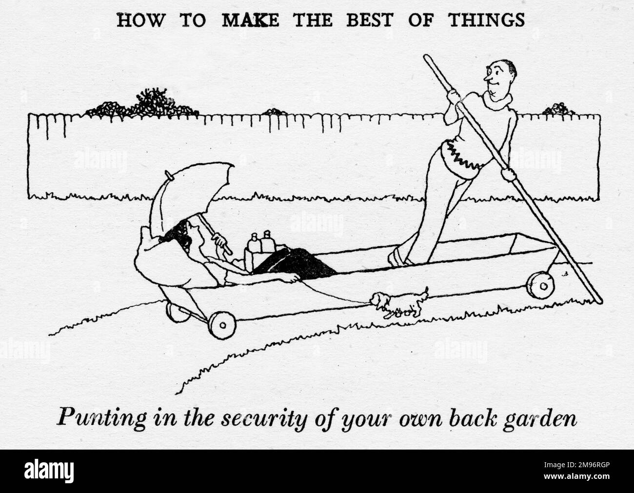 Heath Robinson - Cartoons de guerre - Seconde Guerre mondiale. Punting dans la sécurité de votre propre jardin arrière. Banque D'Images