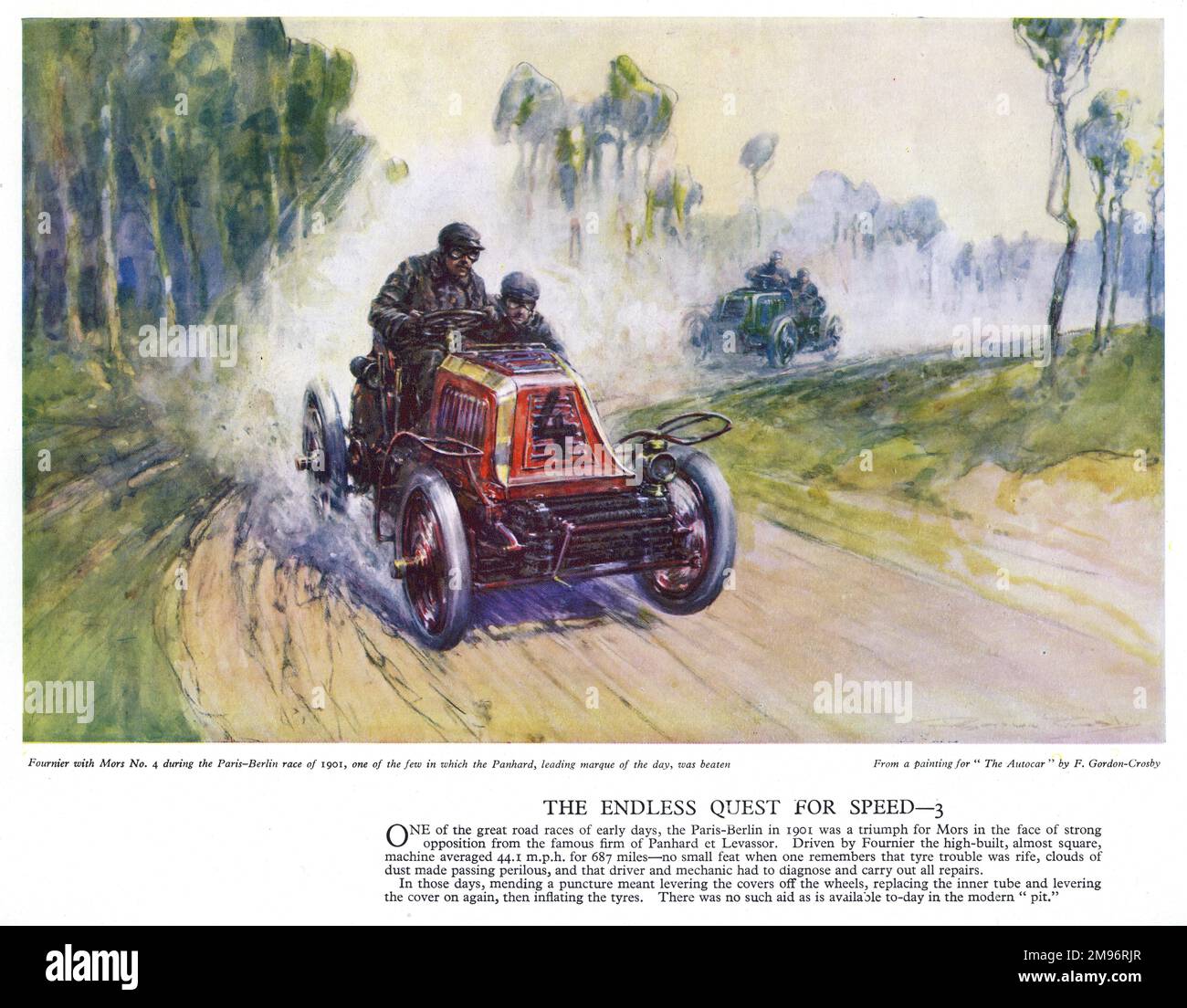 Autocar Poster -- scène de la course Paris-Berlin, avec une voiture Mors No.4 conduite par Fournier, battant une voiture Panhard. Sa vitesse moyenne pendant la course était d'environ 44 mph. Banque D'Images