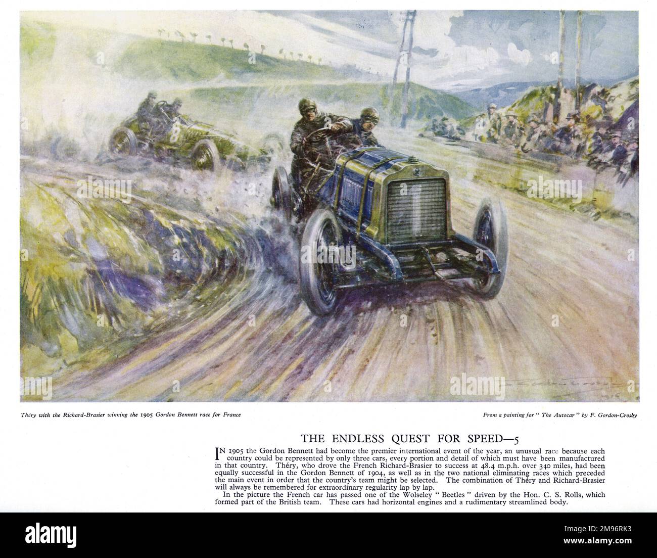 Affiche Autocar -- Thery pilotant une voiture Richard-Brasier pour gagner la course Gordon Bennett pour la France. Vu ici après avoir dépassé un Wolseley Beetle conduit par C S Rolls pour l'équipe britannique. Banque D'Images