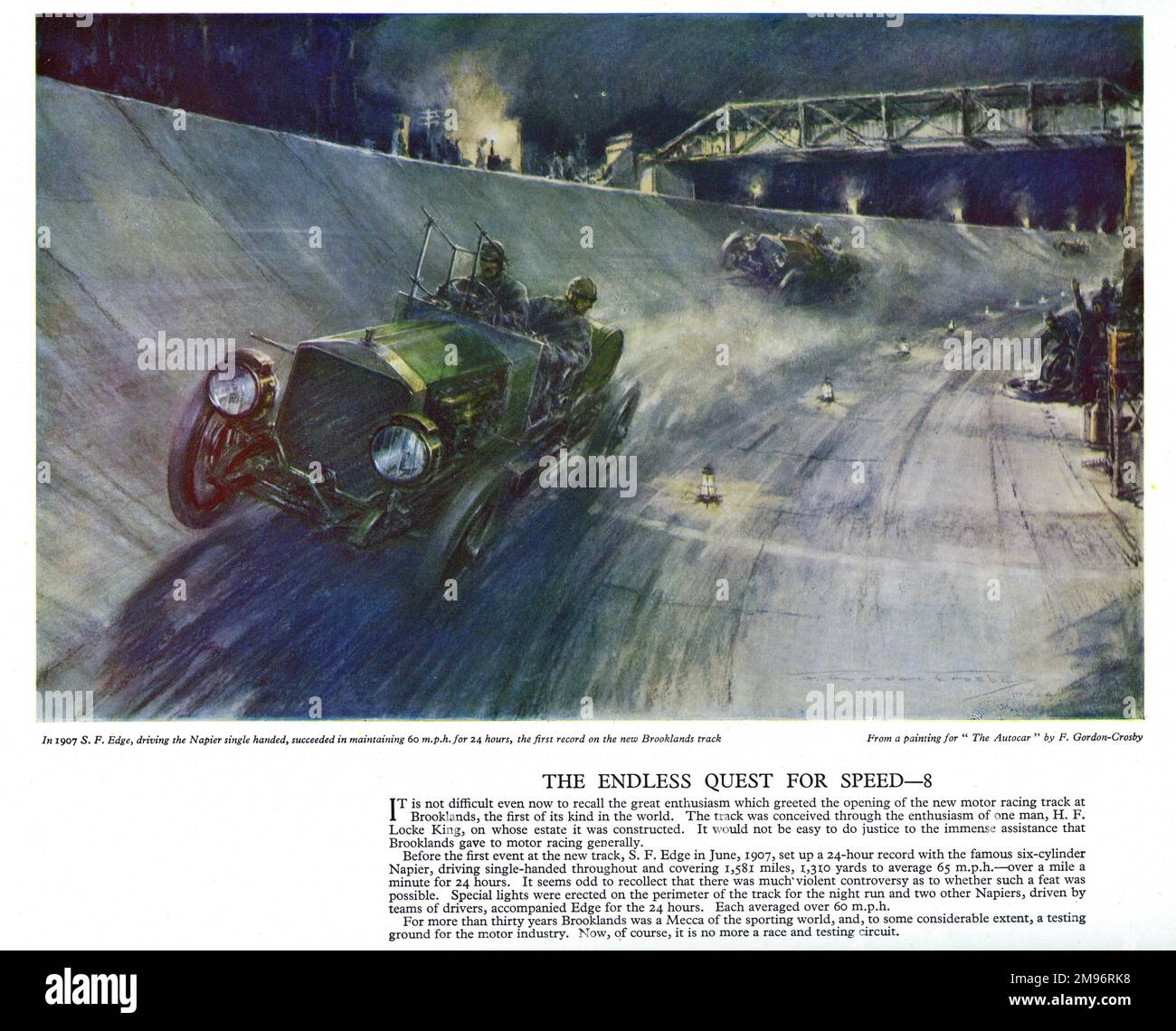 Affiche Autocar -- S F Edge pilotant une voiture Napier sur le nouveau circuit de course Brooklands à Surrey. Il a maintenu une vitesse de 60 mph pendant 24 heures, établissant un nouveau record. Banque D'Images