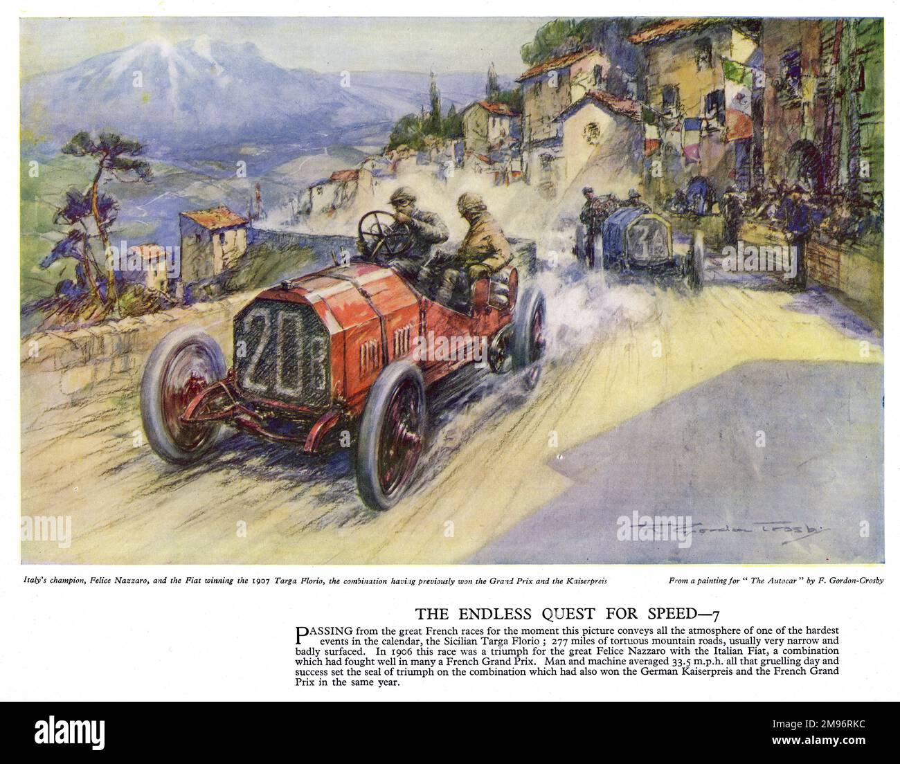 Affiche Autocar -- le champion italien Felice Nazzaro pilotant la voiture Fiat dans laquelle il a gagné la course Targa Florio en Sicile. Sa vitesse moyenne pour la course était d'environ 33 km/h sur des routes de montagne rudes. Banque D'Images