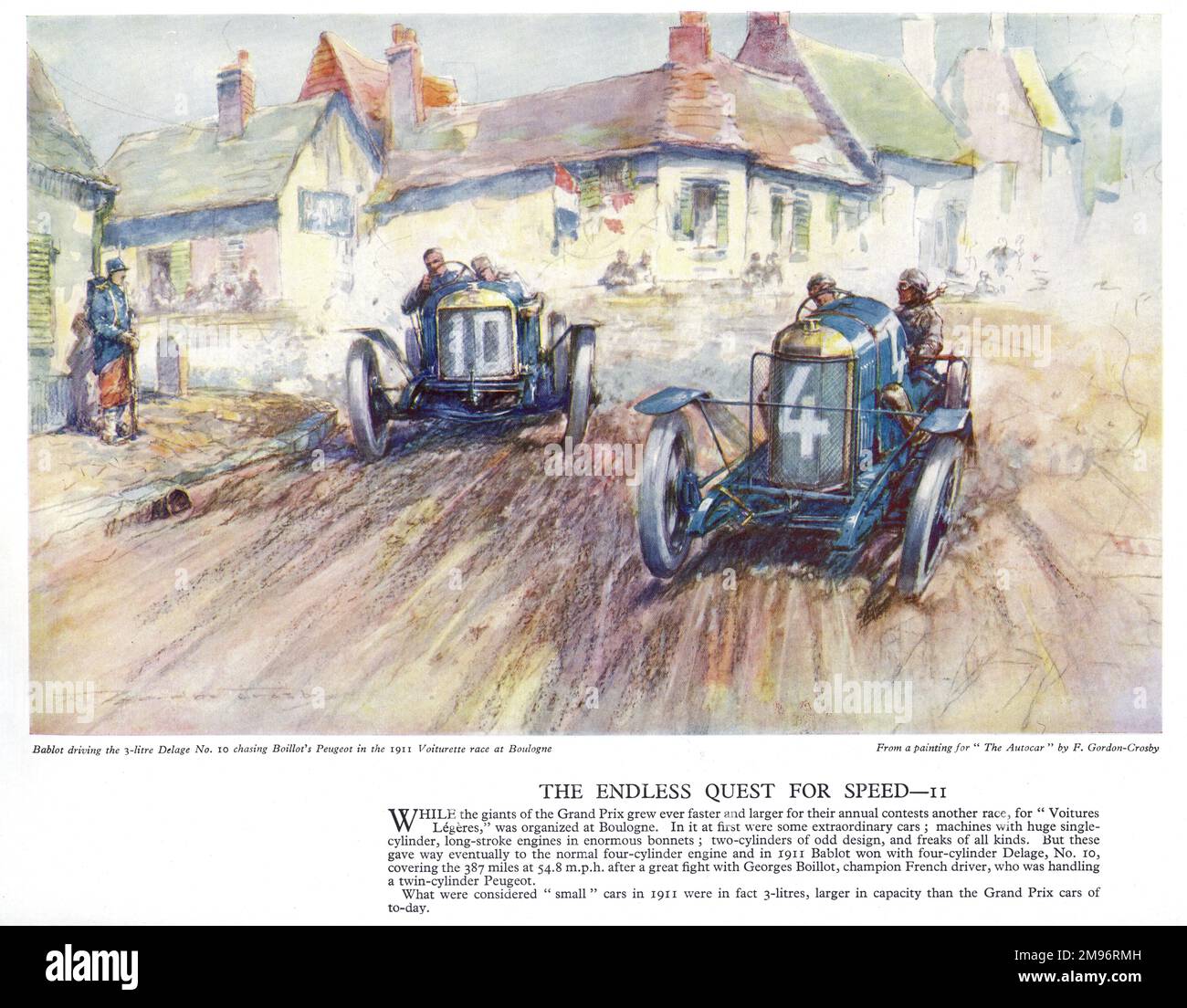 Affiche Autocar -- Bablot conduite d'un Delage N°10 de 3 litres (à gauche), à la poursuite de la Peugeot de Boillot, dans la course Voiturette (pour les voitures légères) à Boulogne, France. Banque D'Images