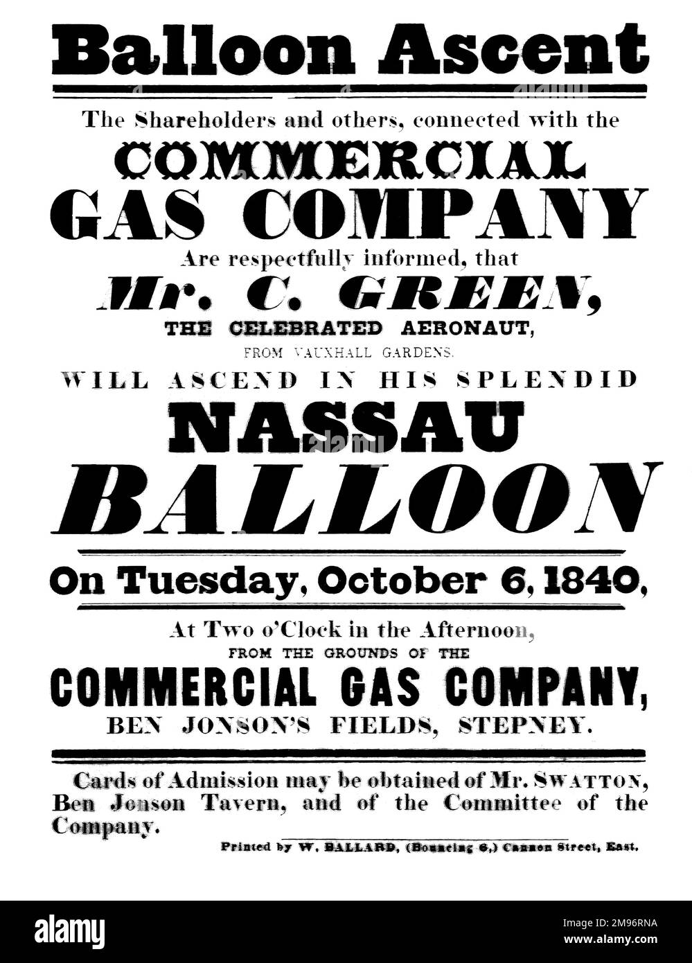 Affiche annonçant l'ascension de Charles Green dans son ballon de Nassau sur 6 octobre 1840 à partir des terrains de la compagnie de gaz commercial, Ben Jonson's Fields, Stepney Banque D'Images