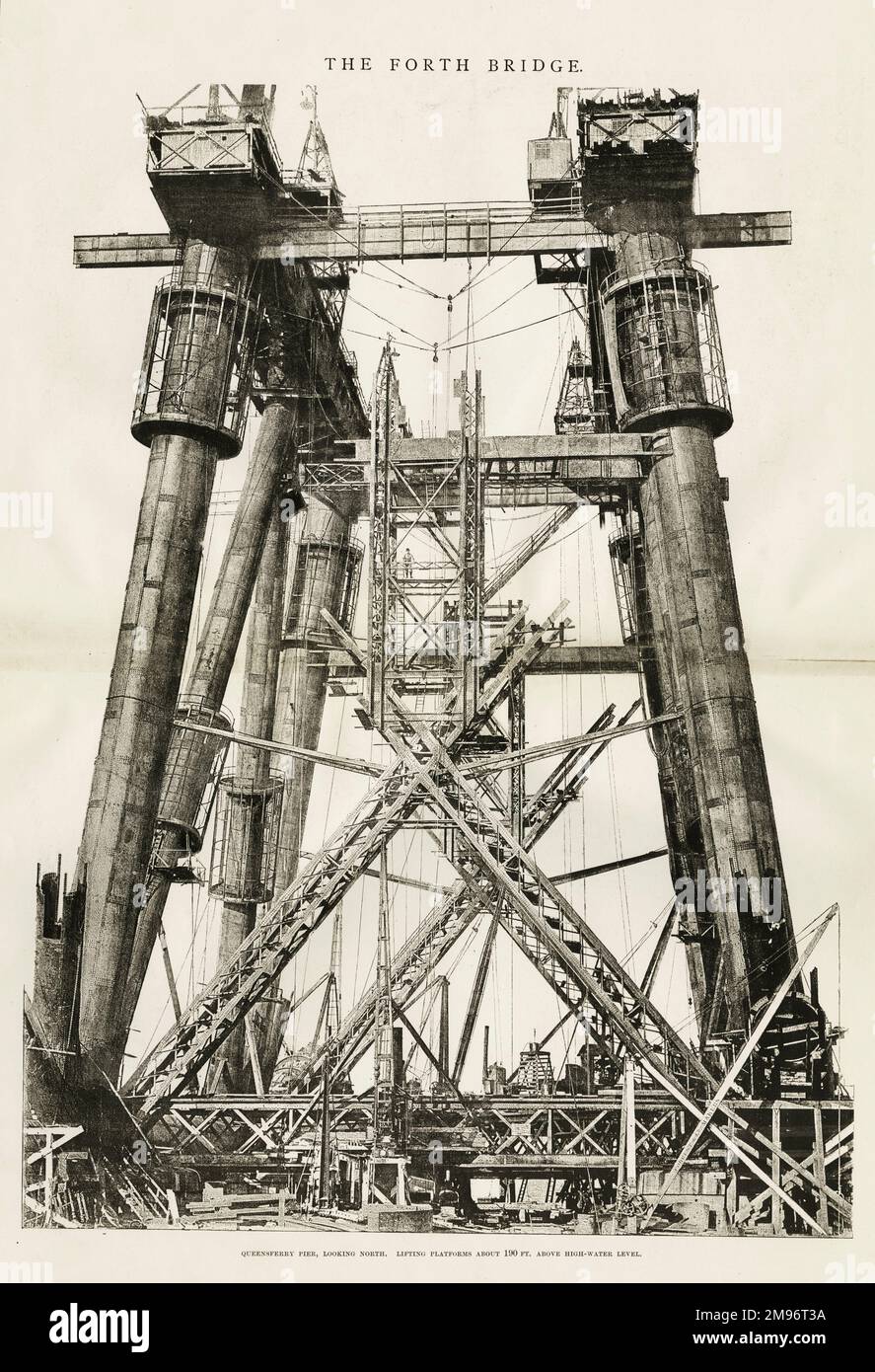 The Forth Bridge: Queensferry Pier, en regardant vers le sud, les plates-formes de levage à environ 190 pieds au-dessus du niveau d'eau élevé Banque D'Images