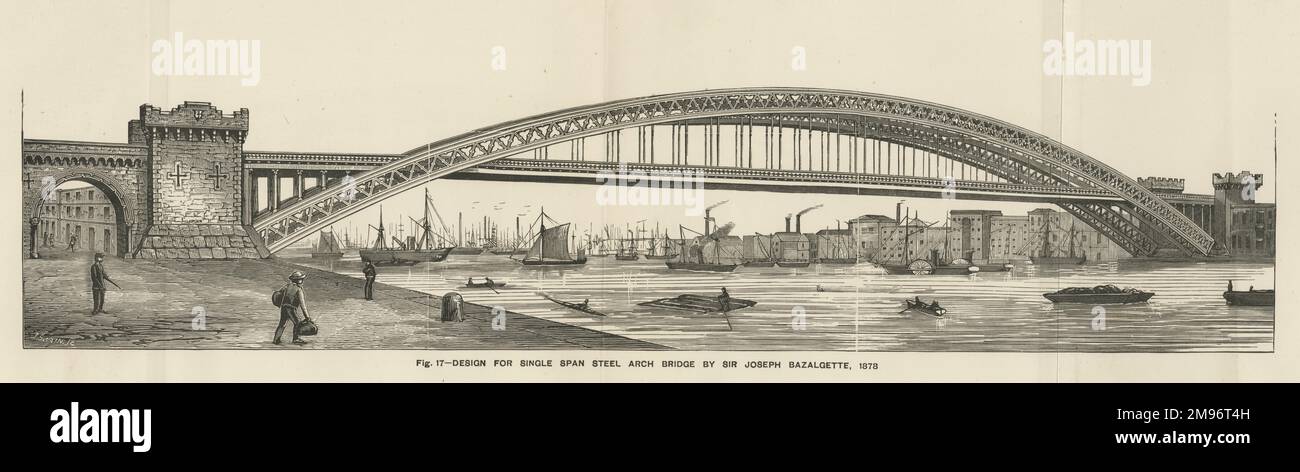 Conception pour pont de voûte en acier à travée simple (Tower Bridge) par Joseph Bazalgette, 1878 Banque D'Images