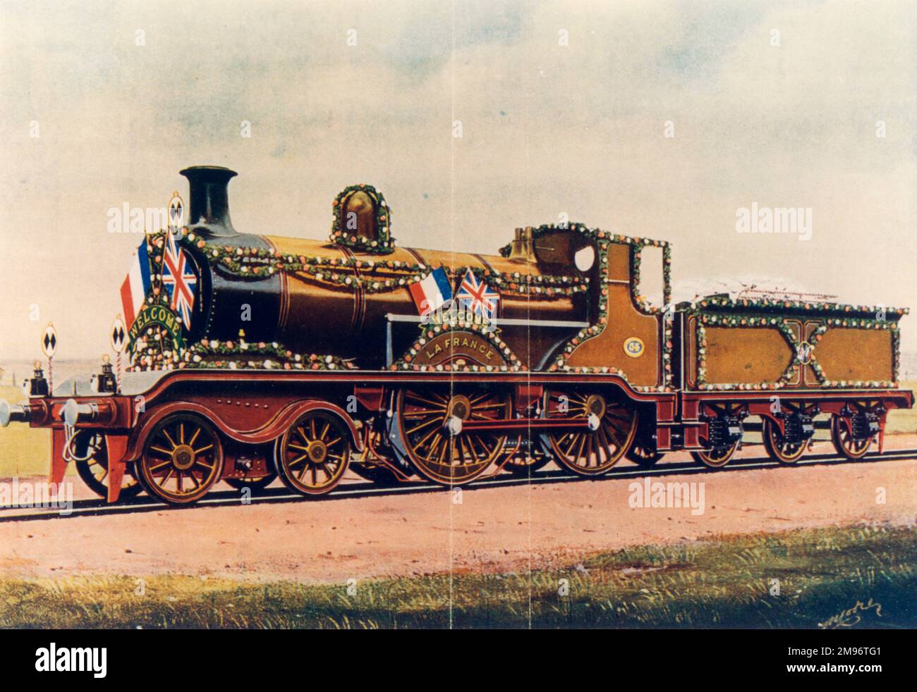 Locomotive express à quatre roues accouplées ?la France ? Avec guirlandes de fleurs, drapeaux tricolores et Union Jack, London, Brighton & South Coast Railway (LBSCR), Loco Mag, vol 11, 1905, p.172a Banque D'Images Locomotive express à quatre roues accouplées ?la France ? Avec guirlandes de fleurs, drapeaux tricolores et Union Jack, London, Brighton & South Coast Railway (LBSCR), Loco Mag, vol 11, 1905, p.172a Banque D'Images
