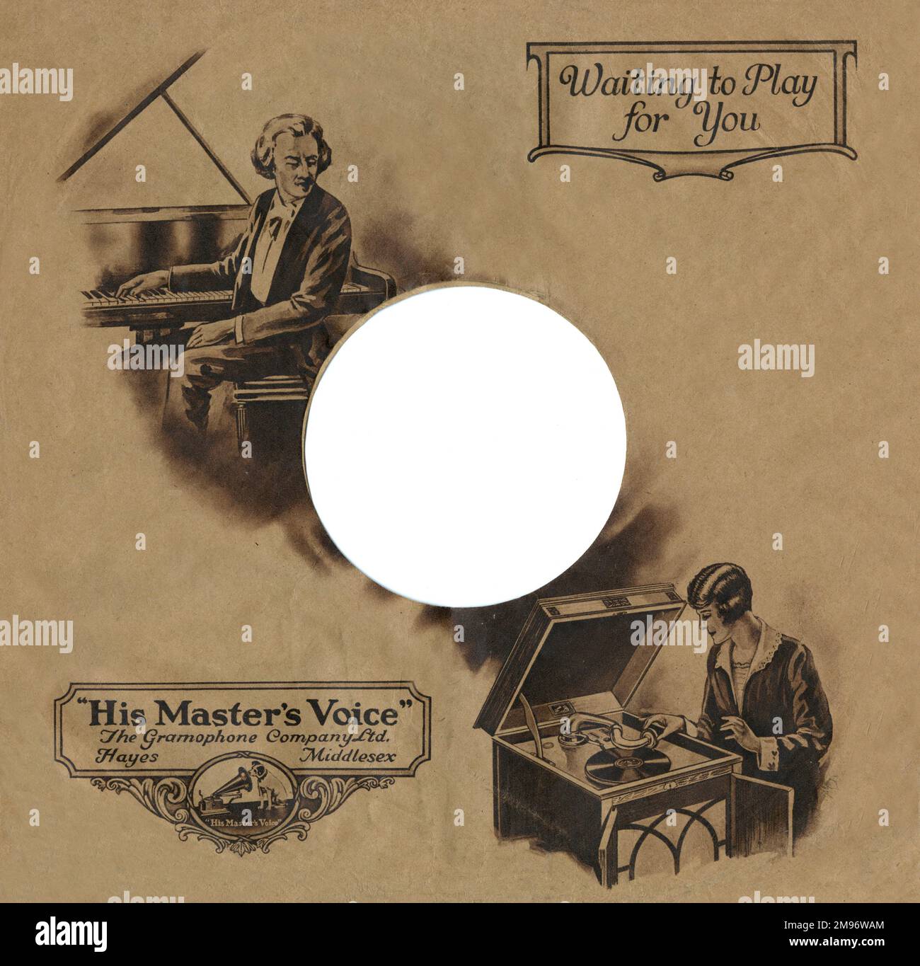 Pochette de disque pour le label de musique sa voix de maître, avec une  illustration montrant une dame sur le point de jouer un disque sur son  gramophone. Elle écoutera sans doute
