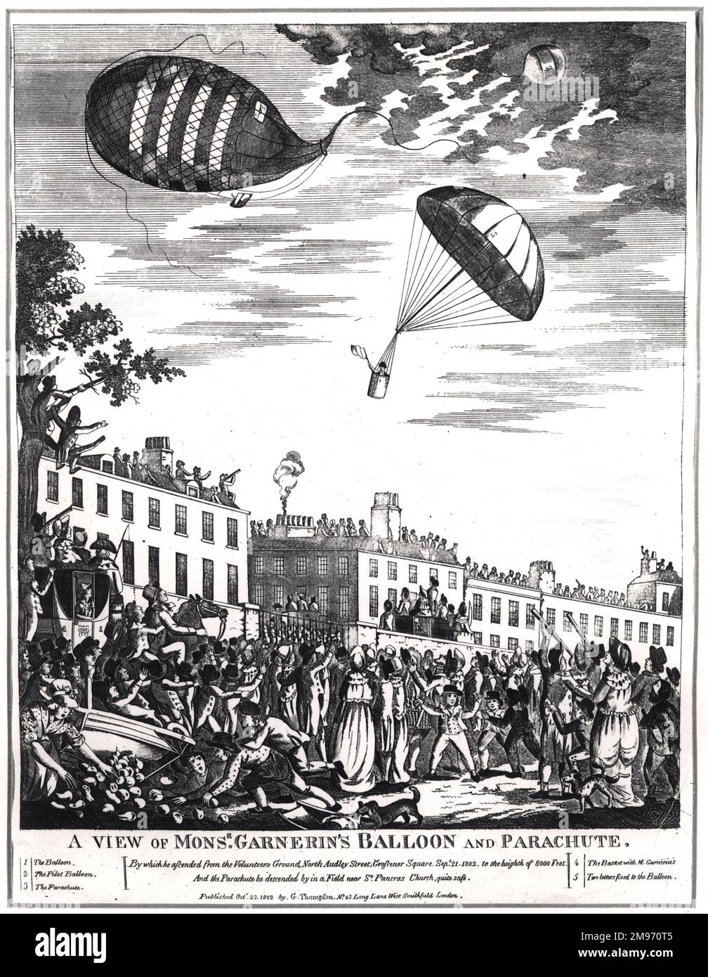 Lithographie de la descente en parachute d’André-Jacques Garnerin au-dessus du terrain de parade des volontaires St George, rue North Audley, Londres, 21 septembre 1802. [Situé près de l'emplacement actuel de Grosvenor Square, c'était la première descente en parachute habitée réussie en Angleterre.] Banque D'Images