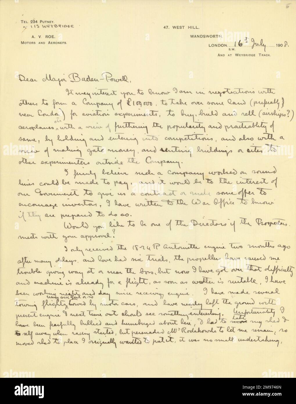 Page 1 d'une lettre de A.V. ROE au Major Baden-Powell, en date du 16 juillet 1908. Banque D'Images