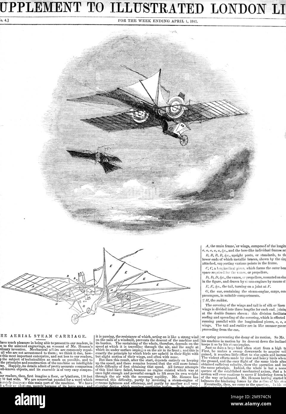 Le transport aérien à vapeur de Henson d’un supplément à la vie illustrée de Londres, le 1 avril 1843. Banque D'Images