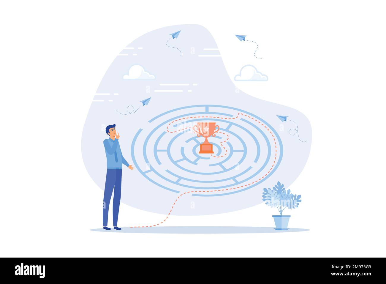 Chemin vers le succès, défi de trouver le moyen d'atteindre la cible ou le but et de gagner trophée, résoudre le problème ou le concept de décision d'affaires, le vecteur plat moderne il Illustration de Vecteur