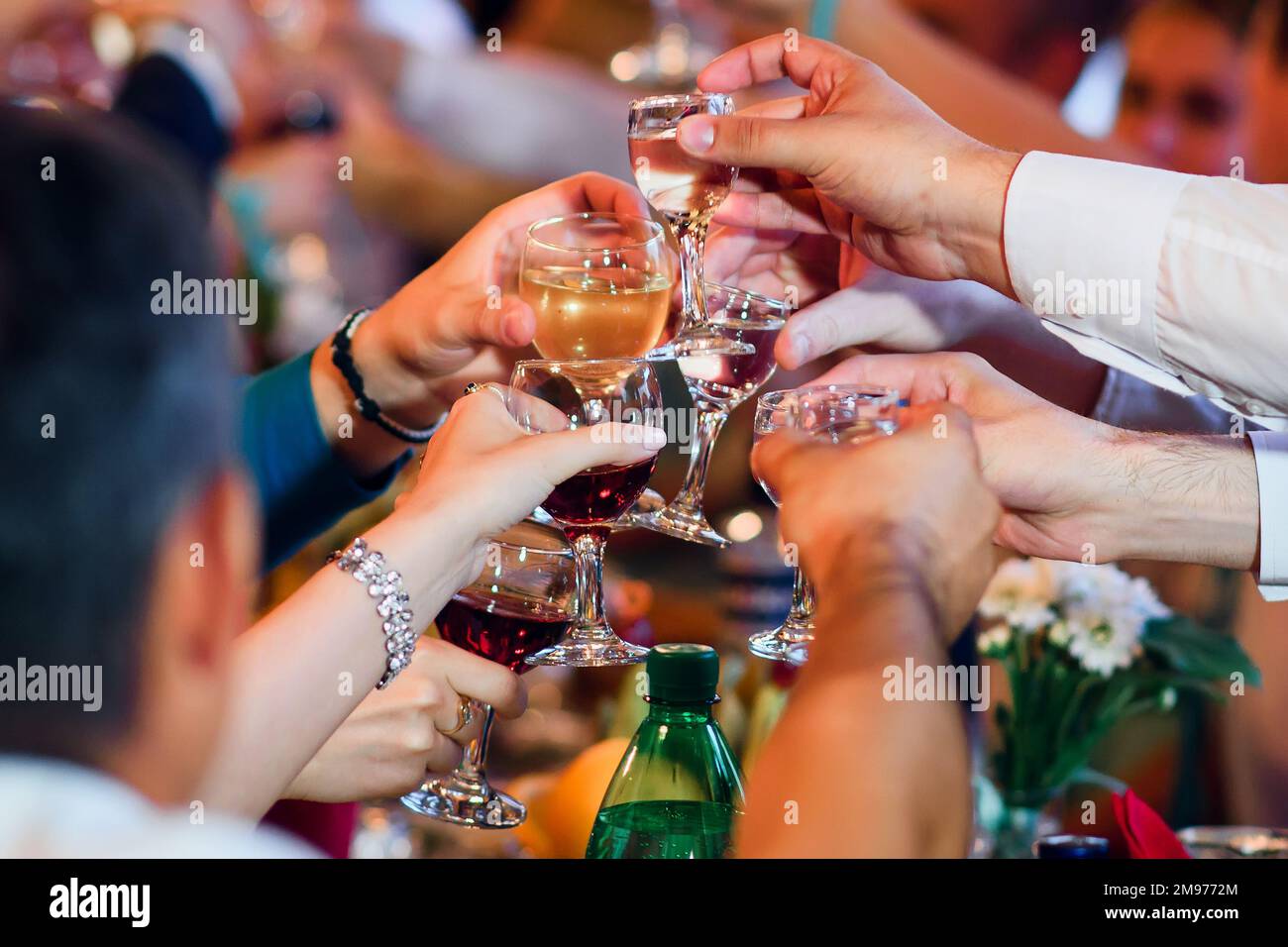 des verres d'alcool dans les mains de bons amis célébrant les vacances et le succès dans un restaurant en gros plan Banque D'Images