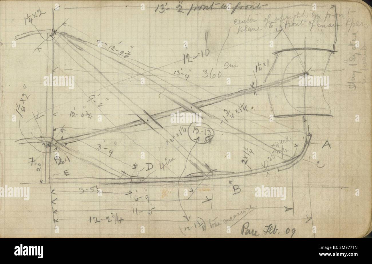 Une page du cahier de Horace Short contenant ses croquis détaillés du Wright Flyer fait à Pau, France, en février 1909. Banque D'Images