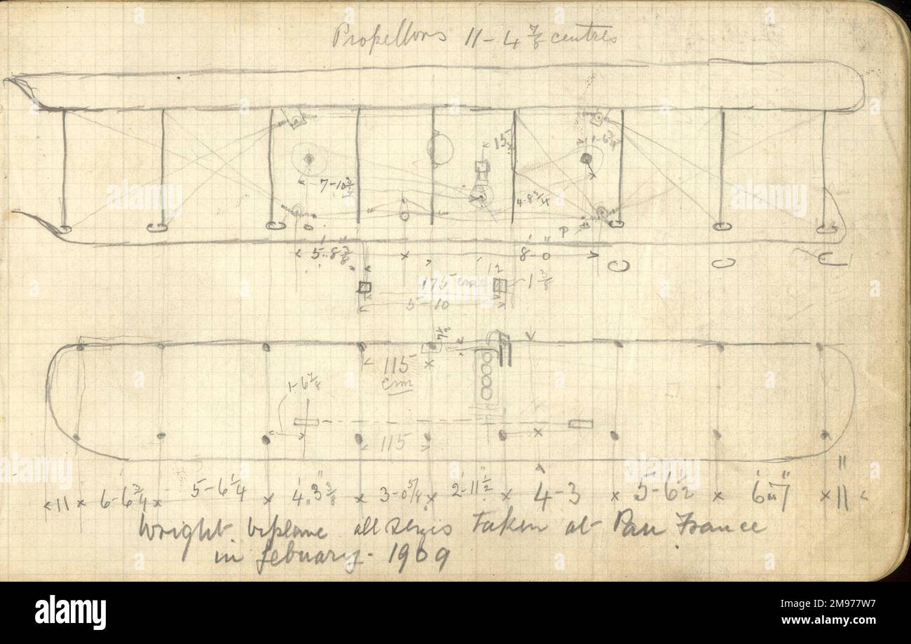 Une page du cahier de Horace Short contenant ses croquis détaillés du Wright Flyer fait à Pau, France, en février 1909. Banque D'Images