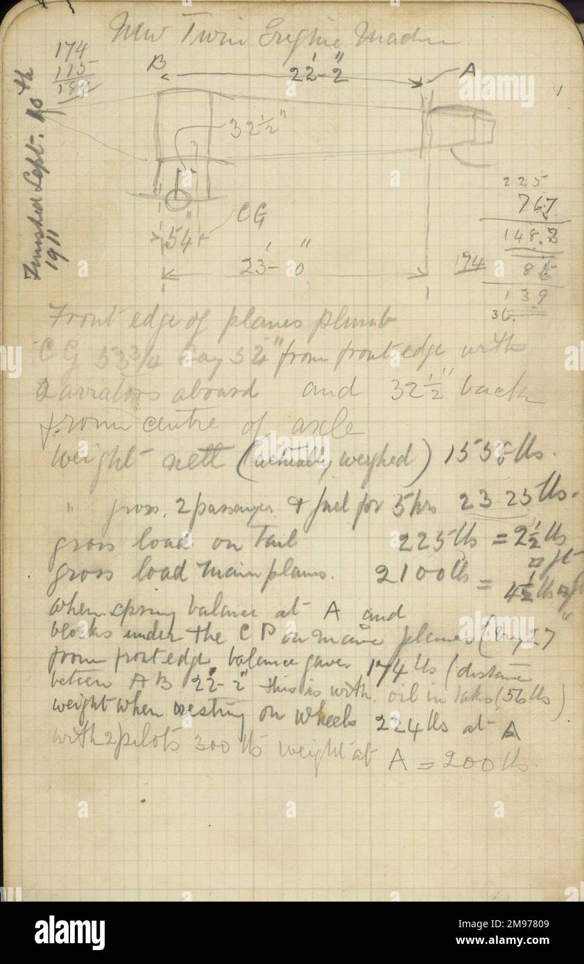 Une page du carnet de Horace Short contenant ses croquis détaillés du Wright Flyer et un dessin d’une nouvelle machine à deux moteurs fabriquée le 10 septembre 1911. Banque D'Images