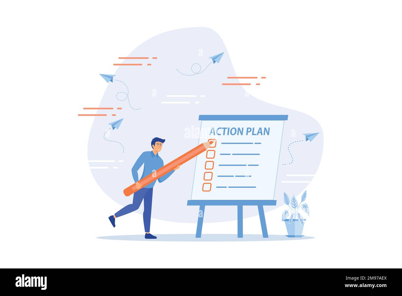 Plan d'action liste de contrôle étape par étape pour progresser et terminer le projet, la procédure ou les étapes d'action pour développer et terminer le concept de travail, vecteur plat moderne Illustration de Vecteur