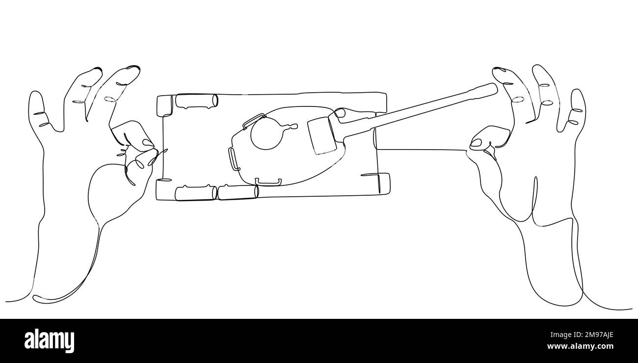 Une ligne continue de deux mains tenant une ficelle avec un réservoir blindé. Concept de vecteur d'illustration à trait fin. Dessin de contour idées créatives. Illustration de Vecteur