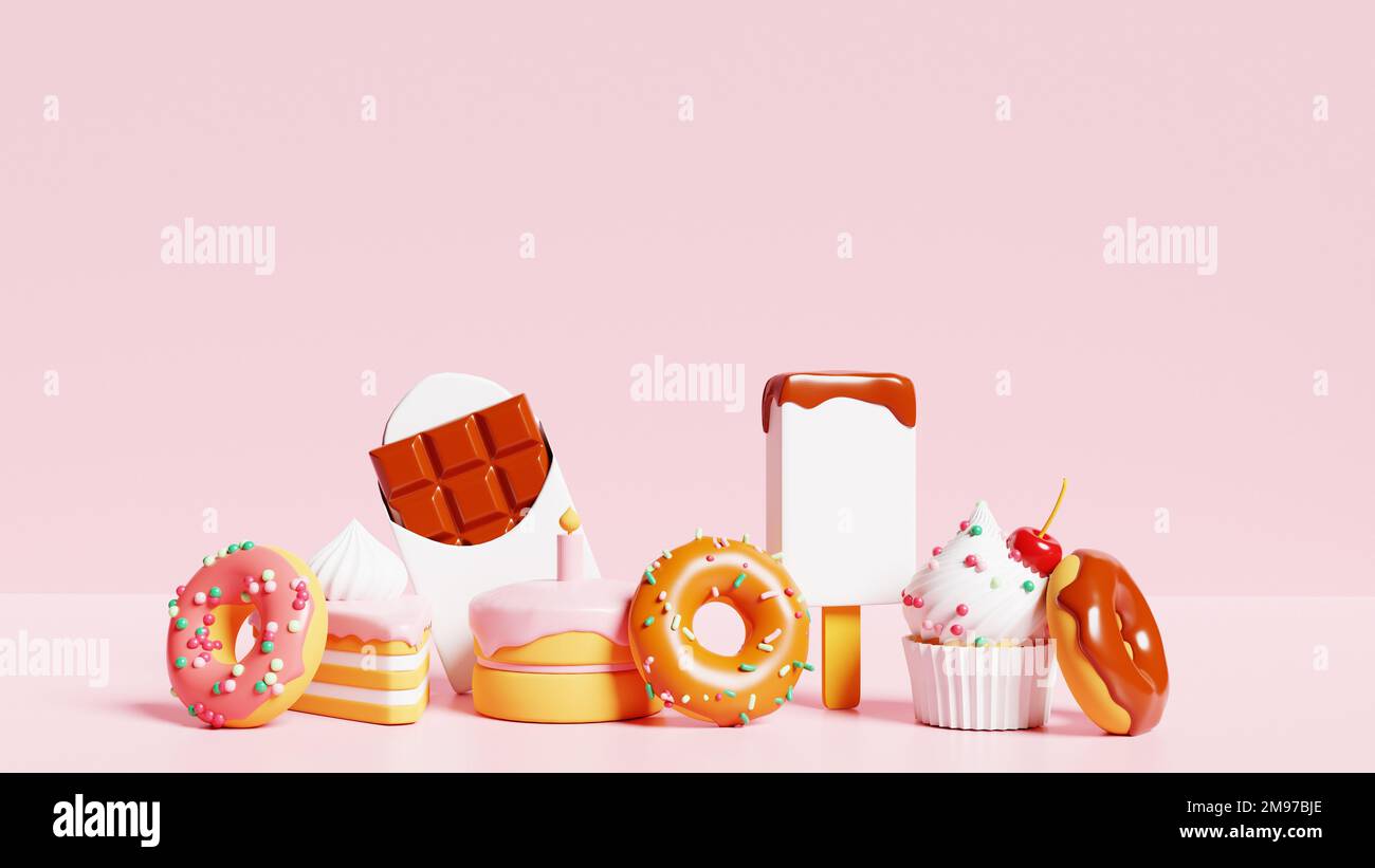 Aliments sucrés malsains. Beignets, gâteaux, cupcake, chocolat, tarte et glace sur fond rose. 3D rendu Banque D'Images