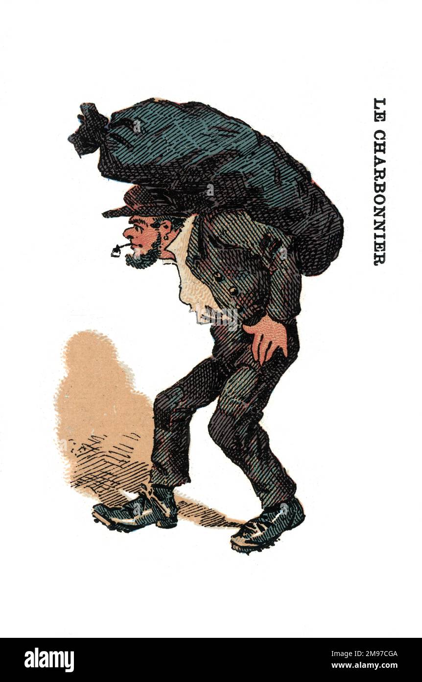 Jeu de cartes français - Oui ou non - série professions. Illustration d'un coalman livrant un sac de charbon. Banque D'Images
