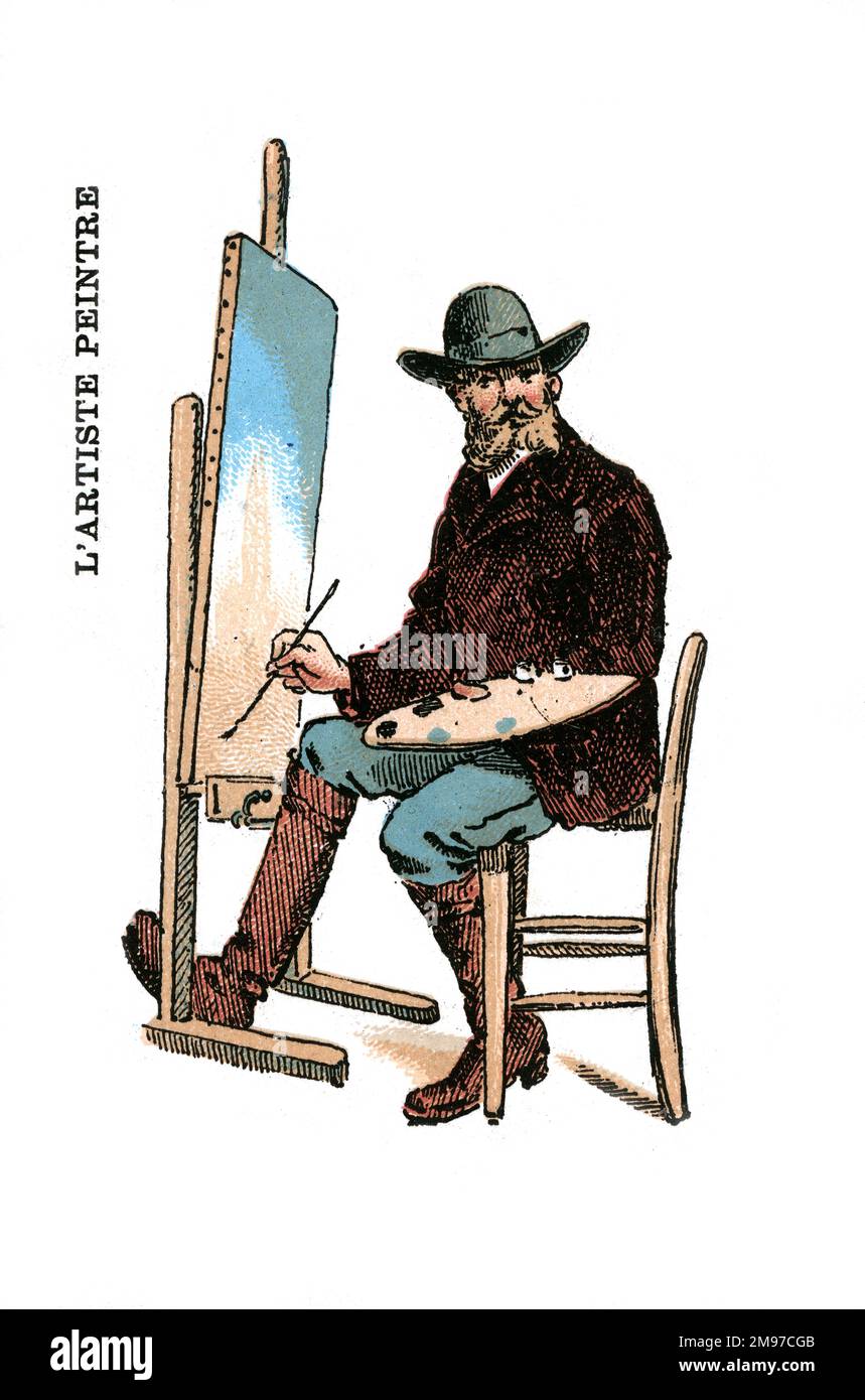 Jeu de cartes français - Oui ou non - série professions. Illustration d'un artiste avec toile et chevalet. Banque D'Images