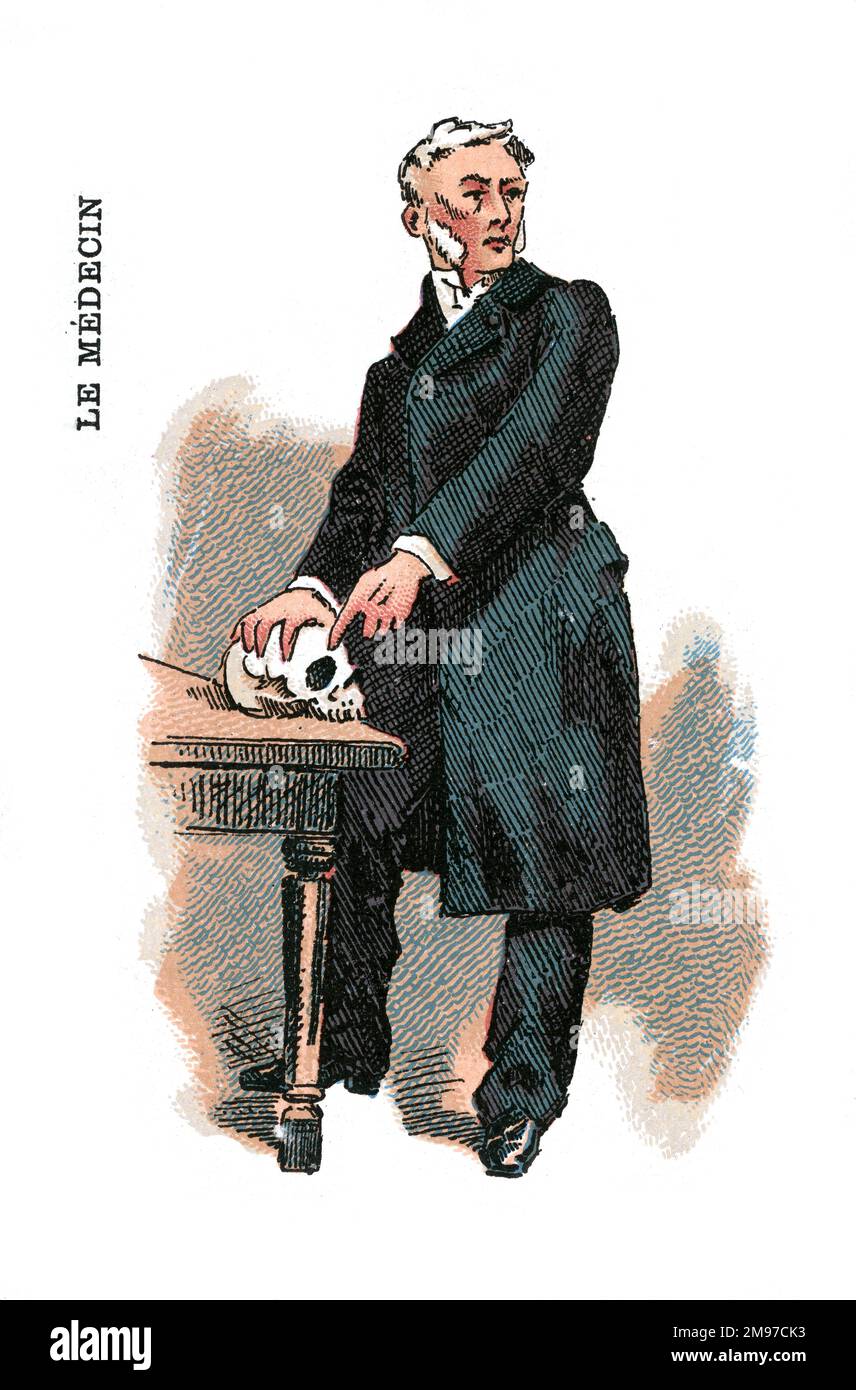 Jeu de cartes français - Oui ou non - série professions. Illustration d'un médecin avec un crâne humain. Banque D'Images