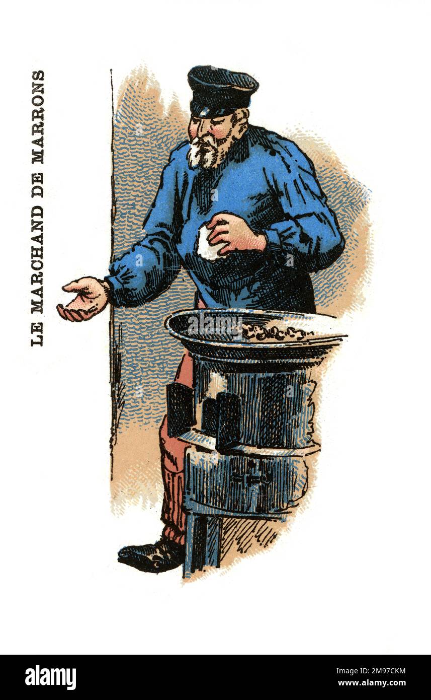 Jeu de cartes français - Oui ou non - série professions. Illustration d'un vendeur de châtaignes rôties. Banque D'Images