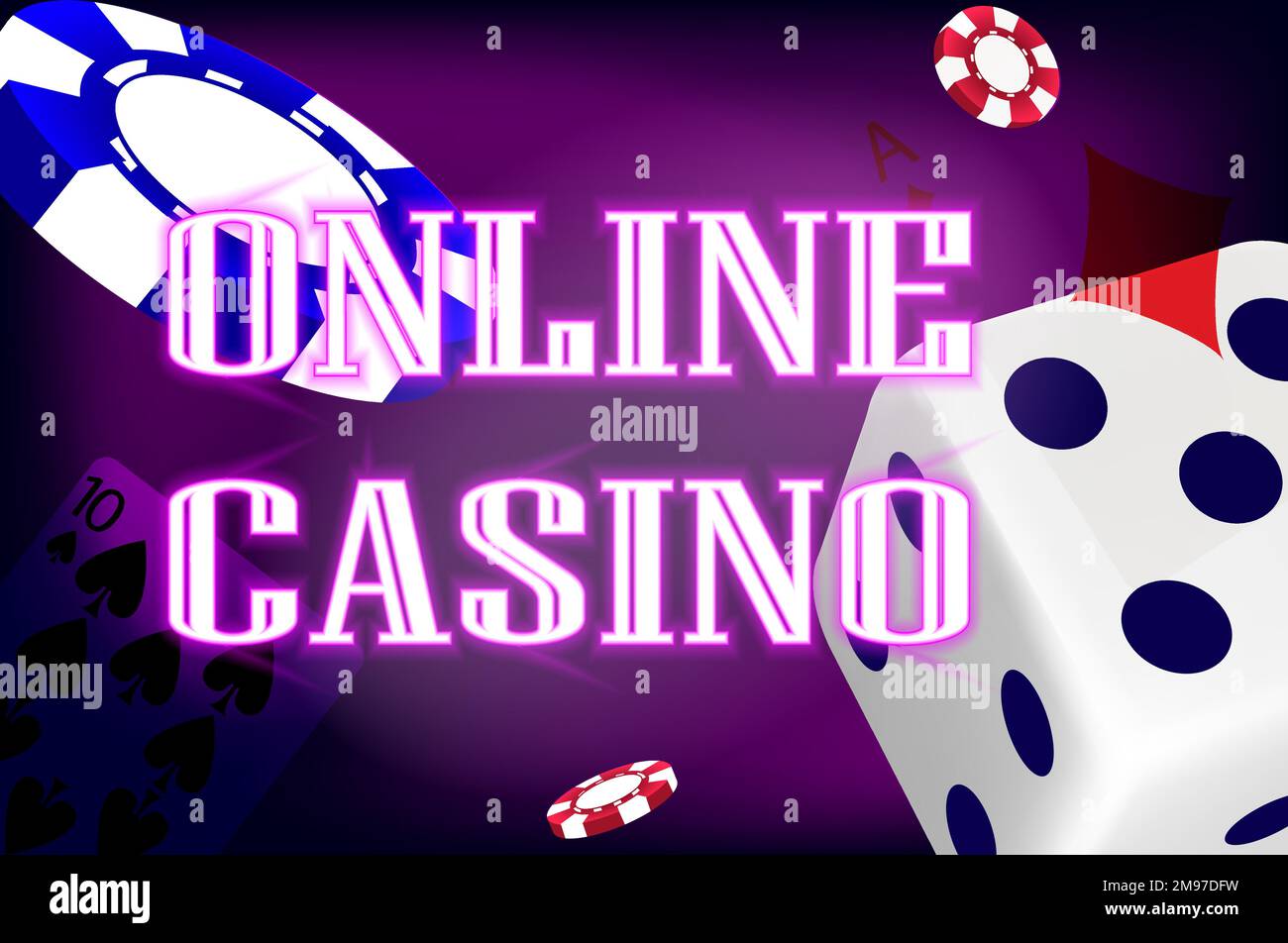 Casino en ligne. Bannière de site Web avec des cartes à jouer, des dés et des jetons sur fond violet. Le concept de jeu, casino en ligne. Image vectorielle. Illustration de Vecteur