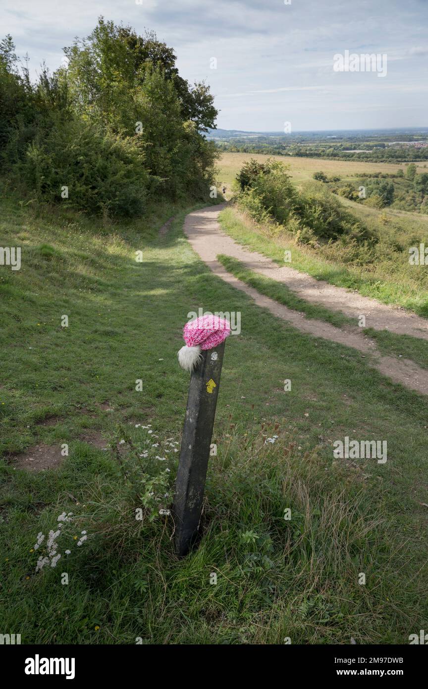 Chapeau rose sur le panneau de chemin de pied sur Ridgeway Buckinghamshire Banque D'Images